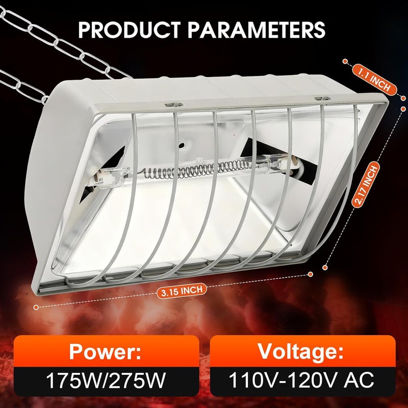 WISMOIER Chicken Coop Heat Lamp Carbon Fiber Tube,Adjustable 2-Level Temperature Brooder Heater Lamps for Chicks,Hanging Chicken Warmer for Livestock Dog Kennel,Cat House,Rectangle 175W/275W - Image 2